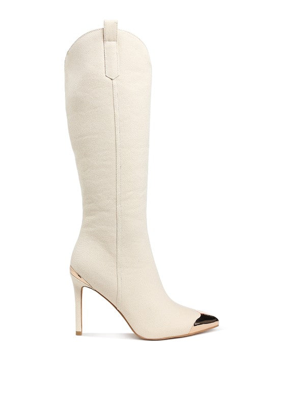Rag Company women's metallic cap toe denim boots in white with stylish high heels