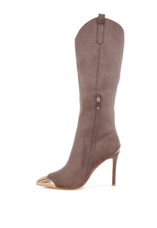 Rag Company metallic cap toe denim boots in gray with a sleek zip design and high heel