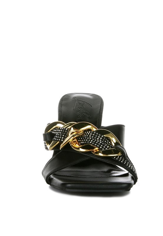 Rag Company black metallic chain heeled sandals with gold chain detail and square open toe design
