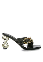 Rag Company black metallic chain heeled sandals with gold chain detail and sculpted heel
