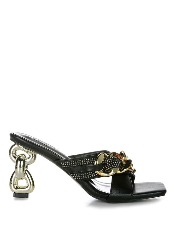 Rag Company black metallic chain heeled sandals with gold chain detail and sculpted heel