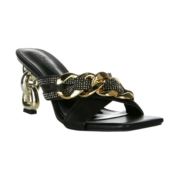 Rag Company black metallic chain heeled sandals with gold chain detail and unique sculpted heel
