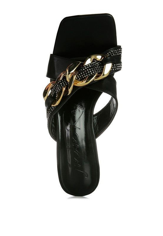 Rag Company black metallic chain heeled sandals with gold chain detail and square toe design