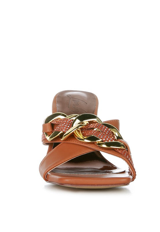 Brown Rag Company metallic chain heeled sandals with gold chain detail and crisscross straps
