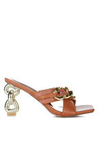 Rag Company metallic chain heeled sandals in brown leather with gold chain detail and unique gold chain link heel