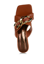 Rag Company brown metallic chain heeled sandals with gold chain detail and square open toe design