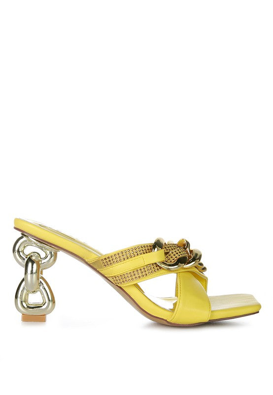Yellow metallic chain heeled sandals with unique silver chain link heel by Rag Company