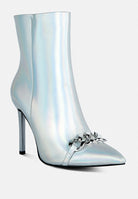 London Rag International metallic chain stiletto ankle boots with a shiny iridescent finish