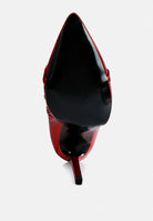 Bottom view of London Rag metallic chain stiletto ankle boots in red with sleek pointed toe design