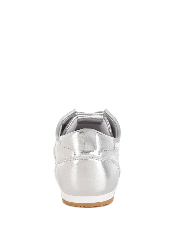 Women's metallic faux leather sneakers with a sleek silver design