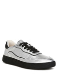 Women's metallic faux leather sneakers with black soles for casual wear
