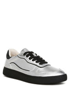 Women's metallic faux leather sneakers with black soles for casual wear