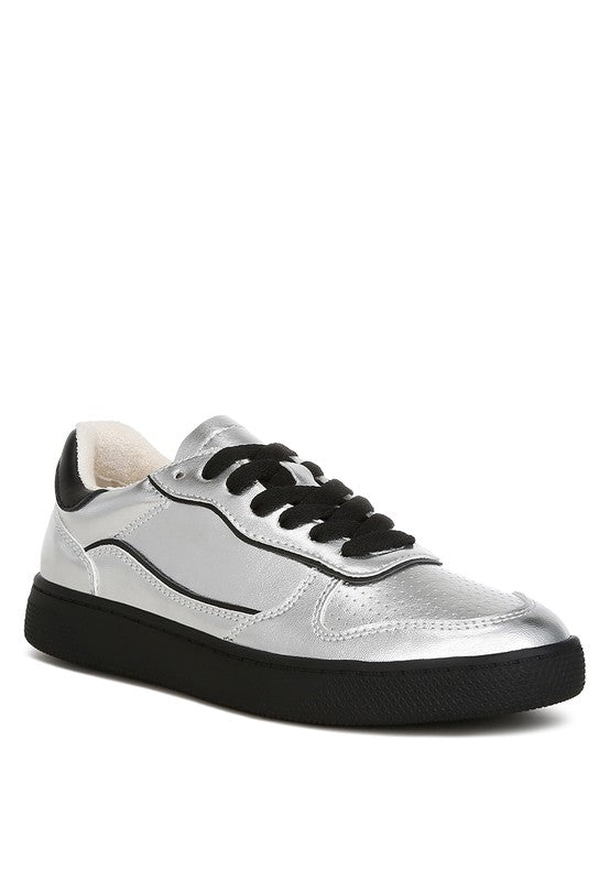 Women's metallic faux leather sneakers with black soles for casual wear