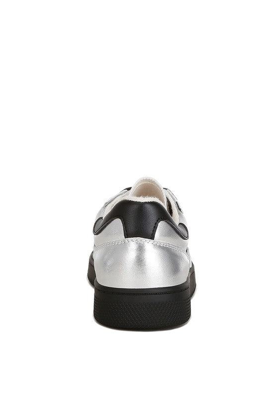 Women's metallic faux leather sneakers with black accents for casual wear