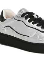 Women's metallic faux leather sneakers with black laces and sole