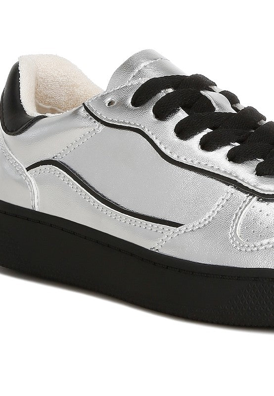 Women's metallic faux leather sneakers with black laces and sole