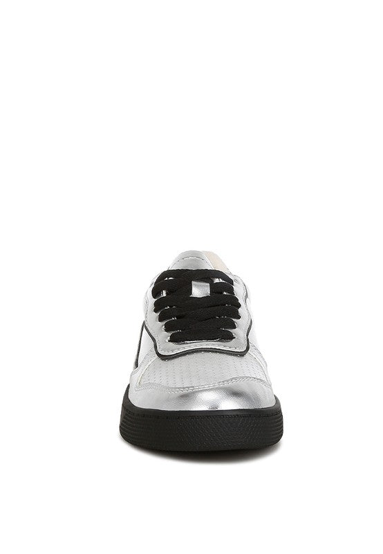 Women's metallic faux leather sneakers in silver for casual wear
