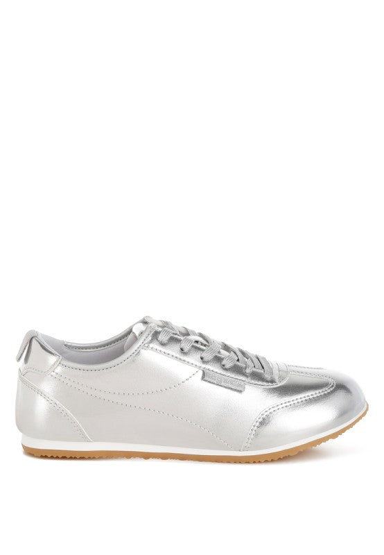 Women's metallic faux leather sneakers in silver for casual outings