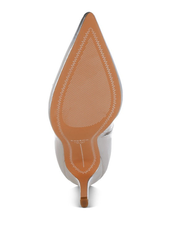 Sole view of Rag Company women's metallic high ankle boots with pointed toe and stiletto heel