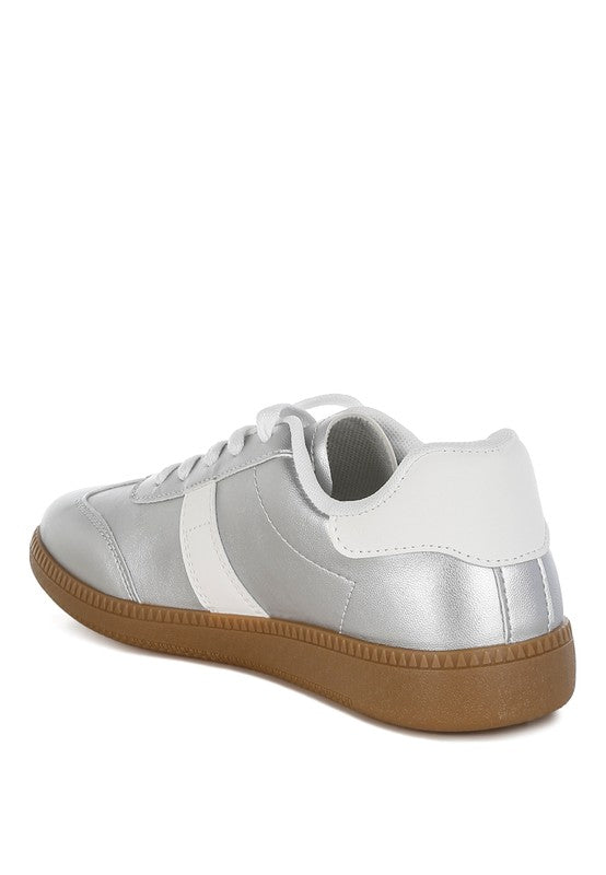 Women's metallic lace-up sneakers in silver, perfect for casual wear