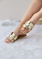 Maker's Shoes metallic slip on sandals for women in shiny gold with woven straps and open toes