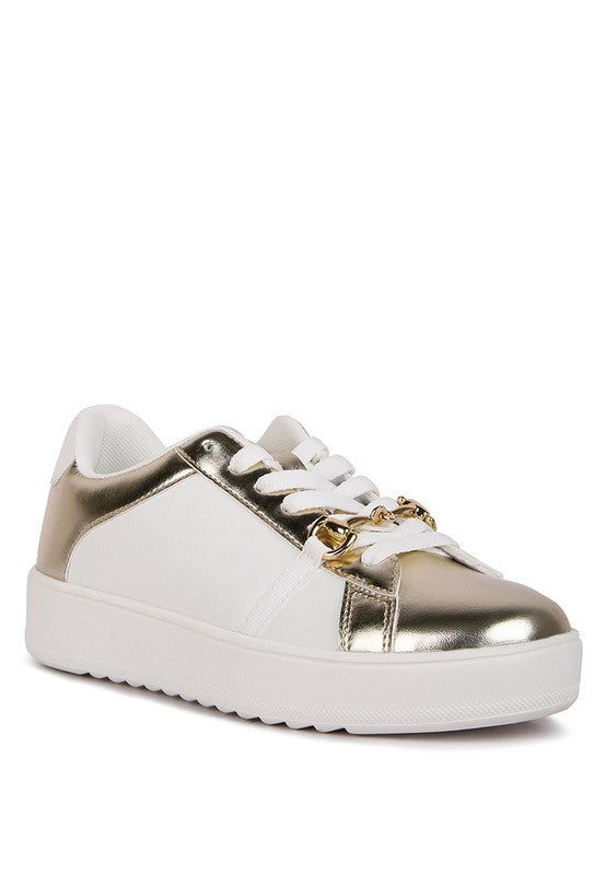 Women's metallic sneakers for women in gold and white, stylish casual wear