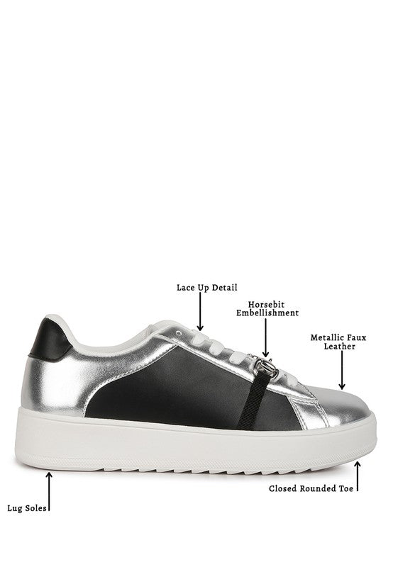 Women's metallic sneakers for women with faux leather and lace up detail