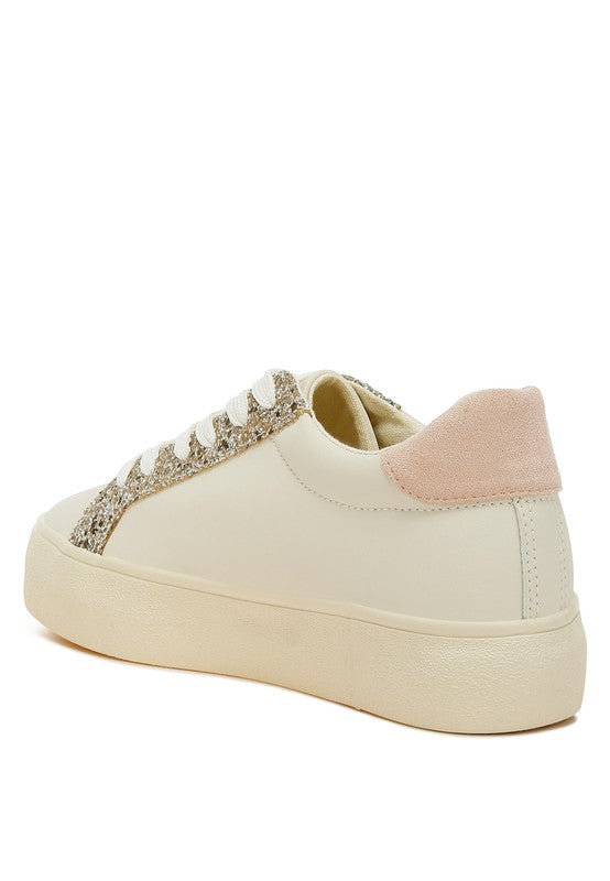 Women's metallic star glitter sneakers in cream with pink accents