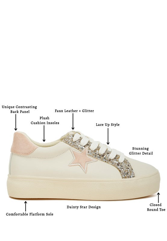 Women's metallic star glitter sneakers with plush insoles and dainty design