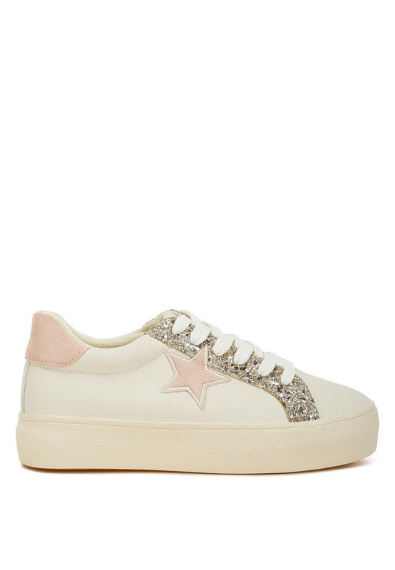 Women's metallic star glitter sneakers with pink accents for a stylish look