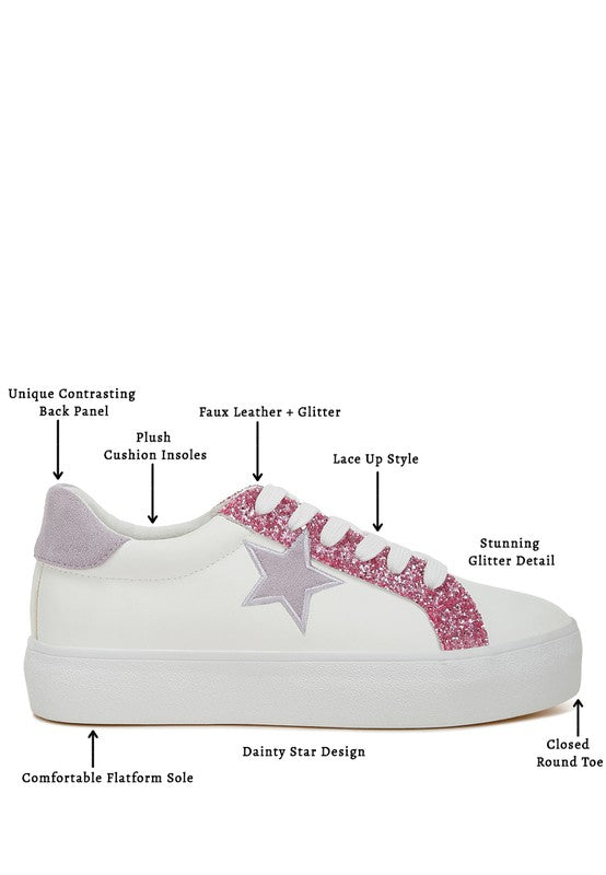 Women's metallic star glitter sneakers with plush cushioning and unique design