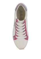 Women's metallic star glitter sneakers in white with pink accents