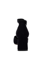 Black microfiber block heel sandals for women, perfect for stylish occasions