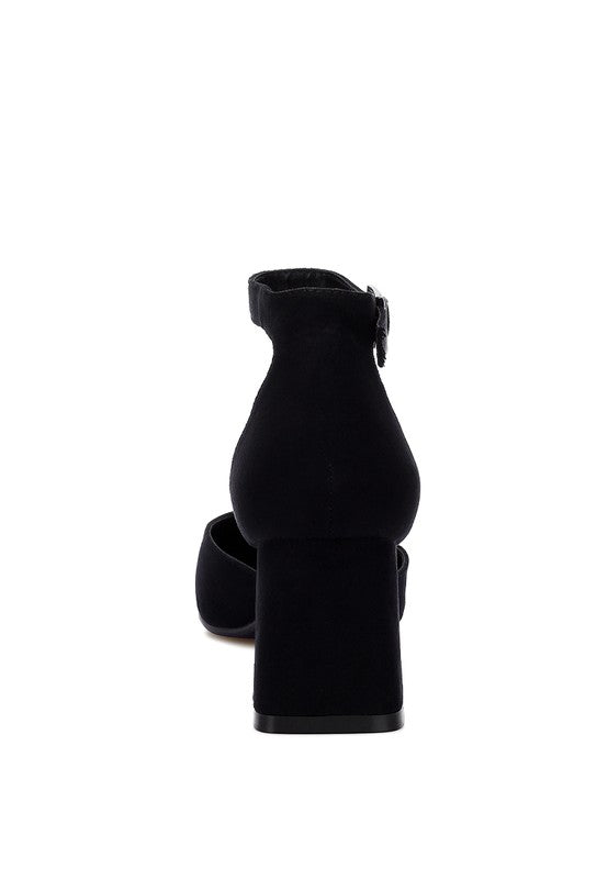 Black microfiber block heel sandals for women, perfect for stylish occasions