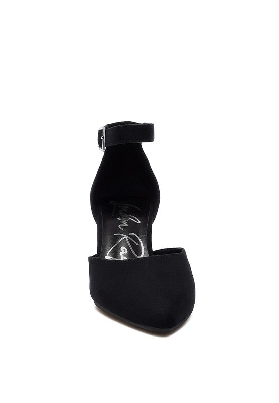Black microfiber block heel sandals for women, stylish and comfortable