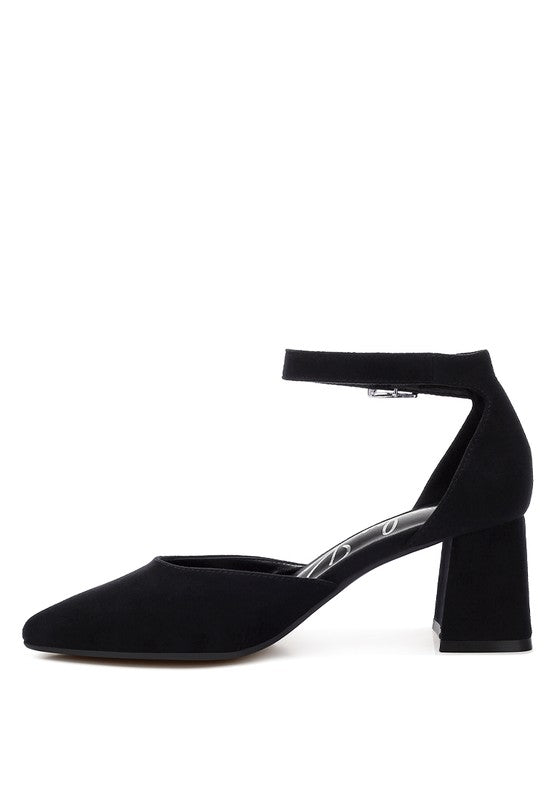 Black microfiber block heel sandals for women, perfect for elegant occasions