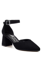 Black microfiber block heel sandals for women with ankle strap
