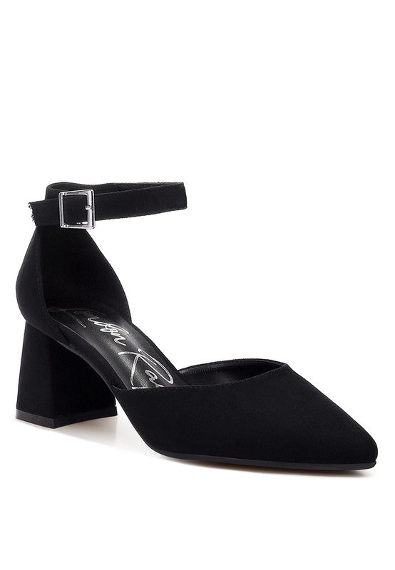 Black microfiber block heel sandals for women with ankle strap