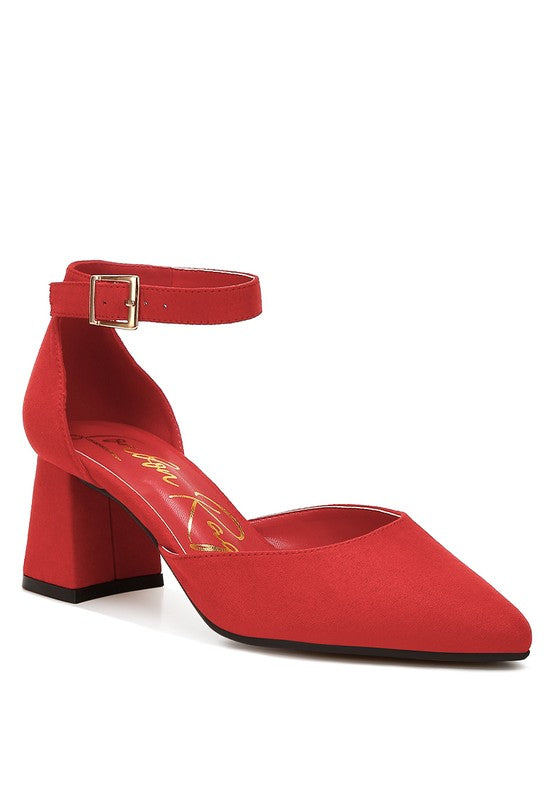 Red microfiber block heel sandals for women, perfect for stylish occasions
