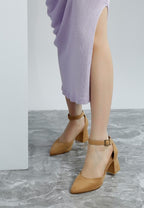 Rag Company microfiber block heel sandals for women in tan, perfect for stylish outings