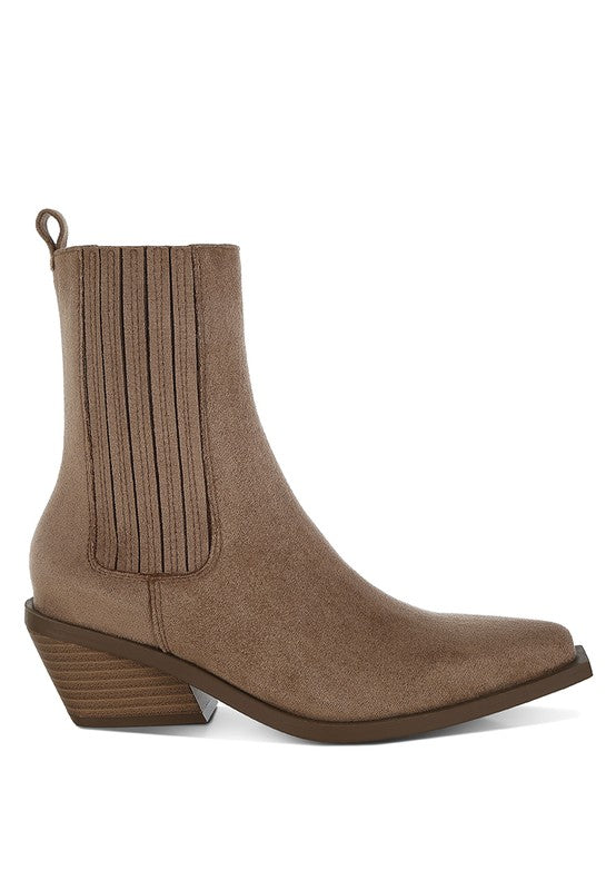 Brown Rag Company microfiber Chelsea boots for men with a stylish pointed toe and block heel
