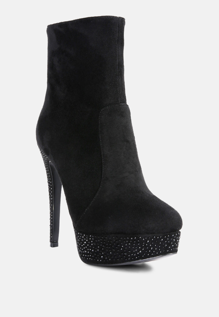 Black microfiber high heeled ankle boots with sparkly platform for stylish elegance