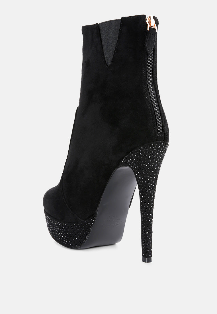 London Rag International microfiber high heeled ankle boots in black with studded platform and side zipper
