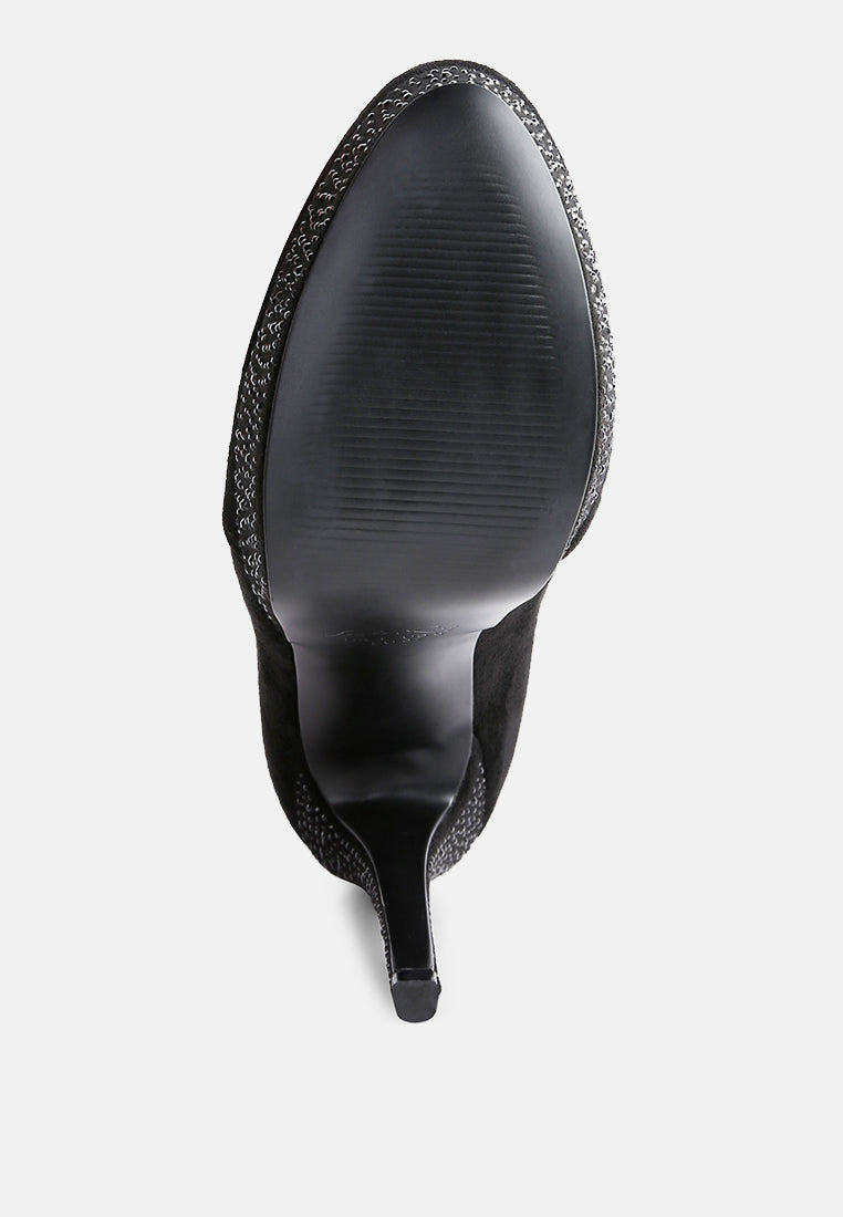 Sole view of London Rag International microfiber high heeled ankle boots with stylish design