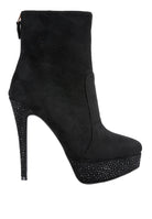 Stylish microfiber high heeled ankle boots with a platform and glittering accents from London Rag International