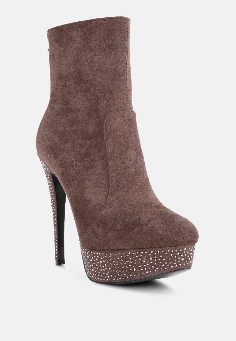 Brown microfiber high heeled ankle boots with platform and studded detailing for stylish women