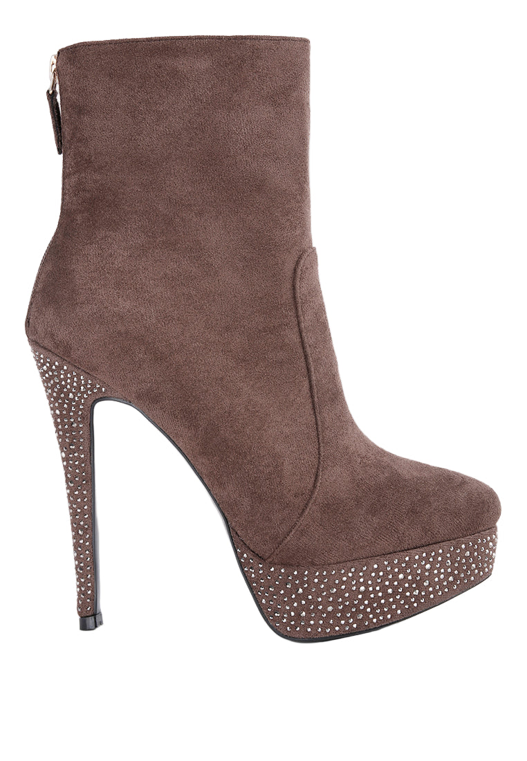 Brown microfiber high heeled ankle boots with studded platform and stylish zipper closure