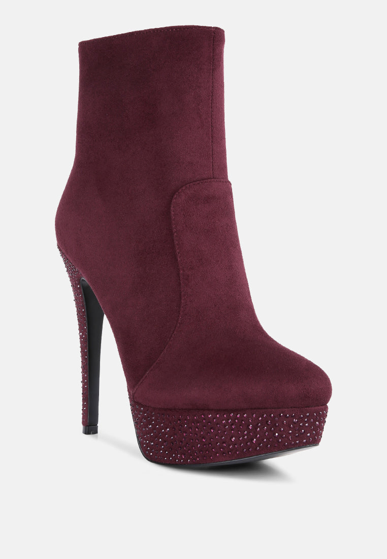 Burgundy microfiber high heeled ankle boots with sparkling platform for stylish footwear