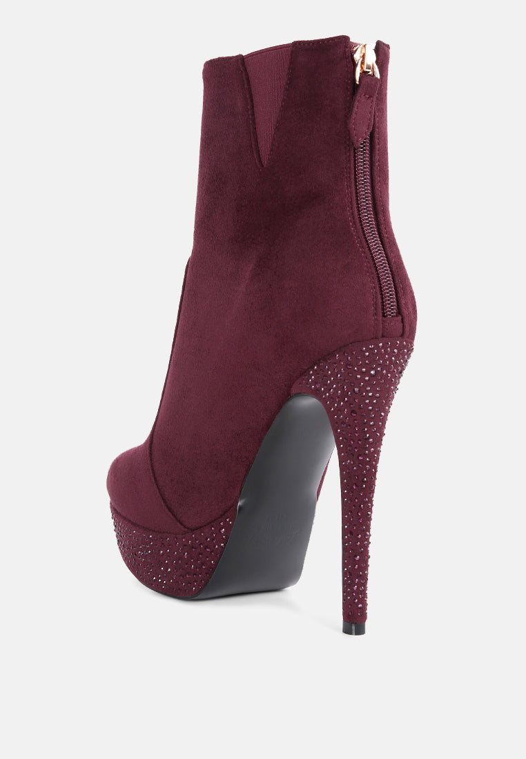 Burgundy microfiber high heeled ankle boots with a stylish zipper and sparkling heel for trendy outfits