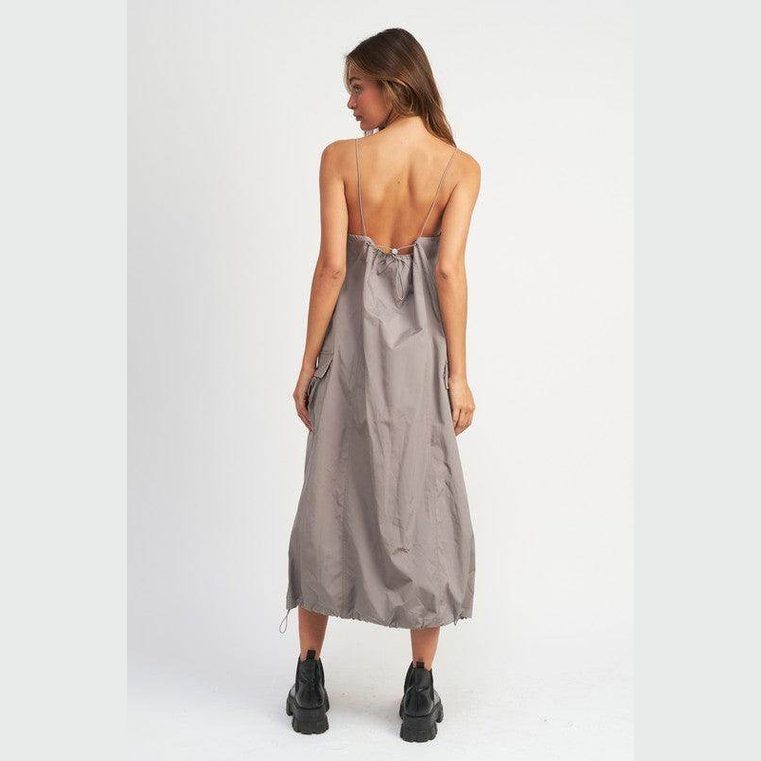 Emory Park mid length summer dress in taupe with a stylish open back and adjustable straps